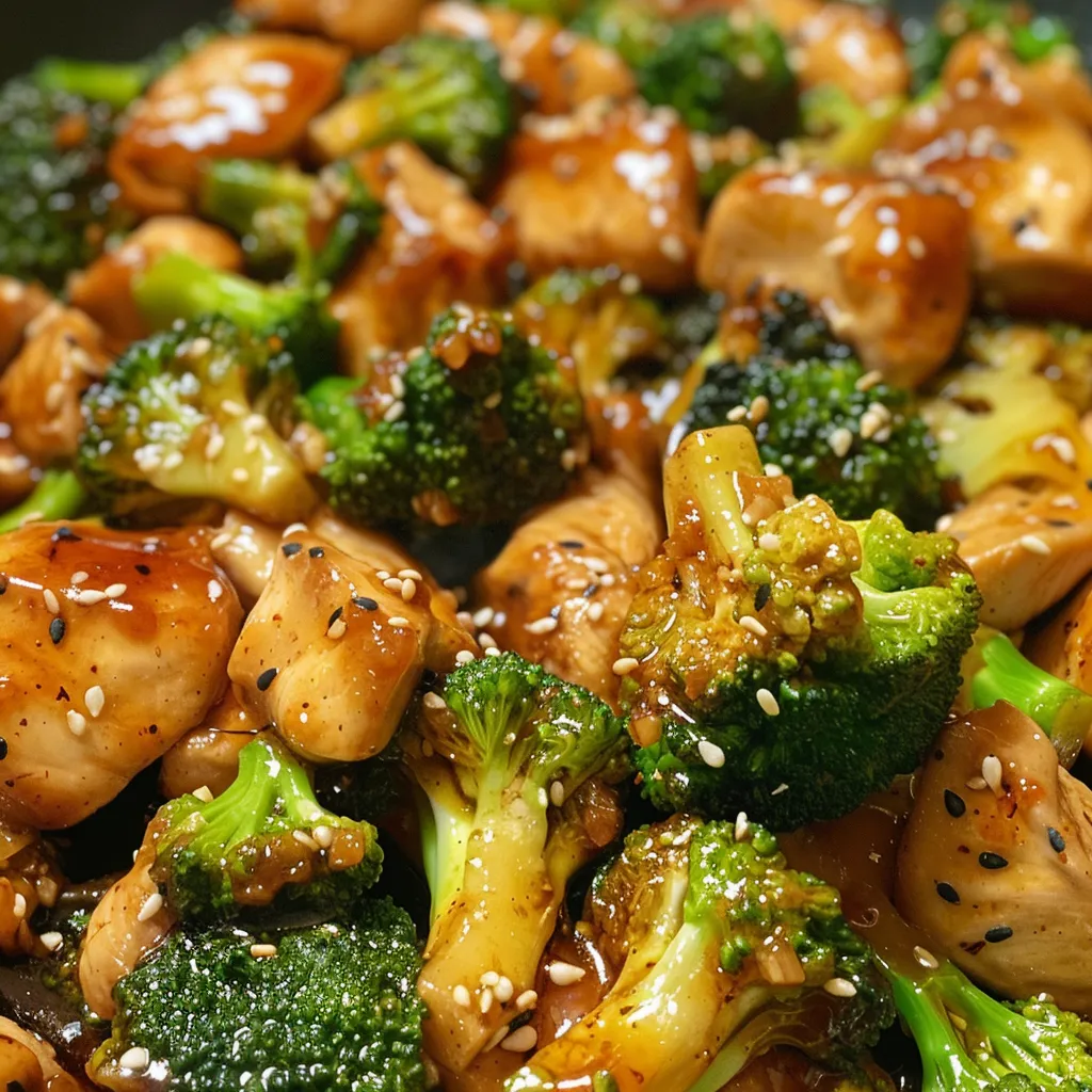 Side view of a dish featuring chicken and broccoli in a sticky glaze.
