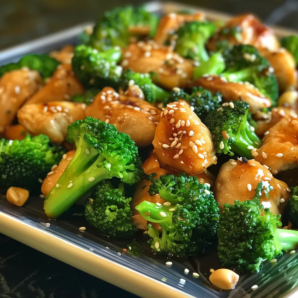 Detailed shot of honey garlic chicken and broccoli, highlighting textures.