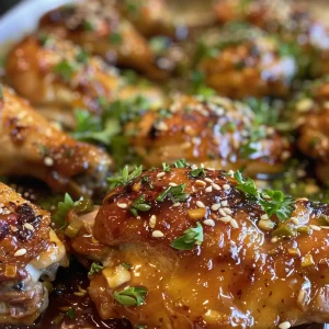 Side view of tender chicken thighs glistening in honey garlic sauce.