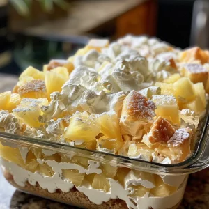 A colorful Italian Pineapple Trifle with whipped cream and crushed pineapple layers.