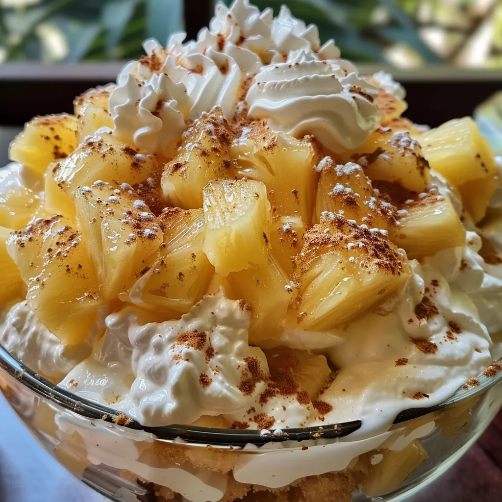Rich and creamy Italian Pineapple Trifle in a glass dish, garnished with pineapple.