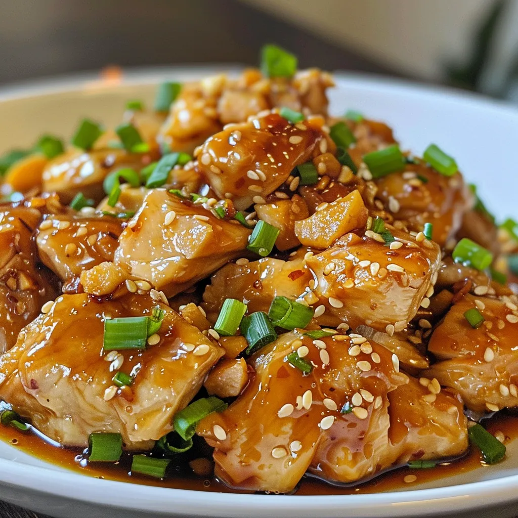 Detailed shot of golden-brown honey garlic chicken, highlighting its succulent texture and fresh herbs.