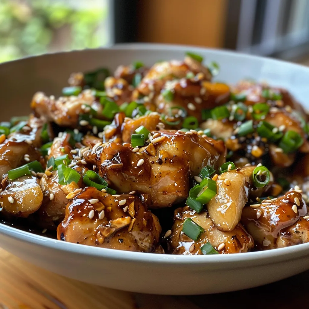 Mouthwatering chicken dish featuring a shiny honey glaze, topped with sesame seeds and chopped onions.