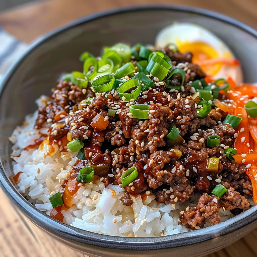 Close-up shot of a Korean Ground Beef Bowl with seasoned beef, cooked rice, and toppings like sesame seeds and green onions.