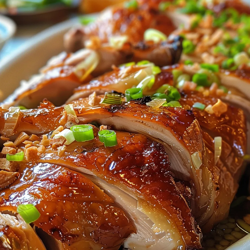 Side view of a golden-brown Lechon Manok, highlighting the herbs and ingredients used in the recipe.
