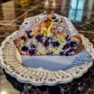 Freshly baked lemon blueberry loaf, displaying a soft interior and a sprinkle of lemon glaze.