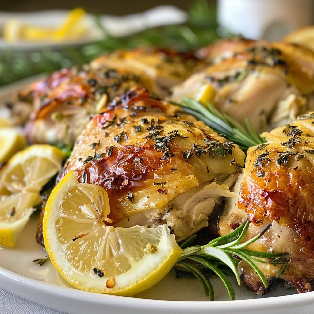Close-up view of flavorful roasted chicken thighs with lemon and herbs.