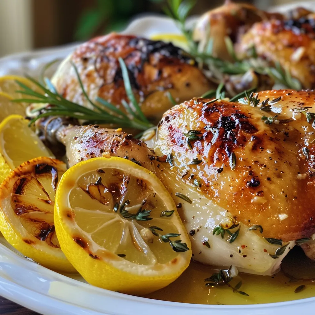 Flavorful chicken thighs displayed on a plate, accented with lemon slices and herbs.