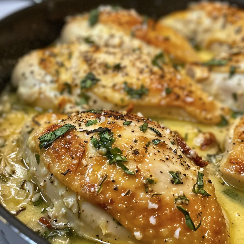 Plate of Marry Me Chicken showing rich cream sauce and Parmesan.