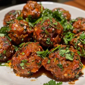 A detailed view of tender, savory meatballs, showcasing their rich, spiced exterior.