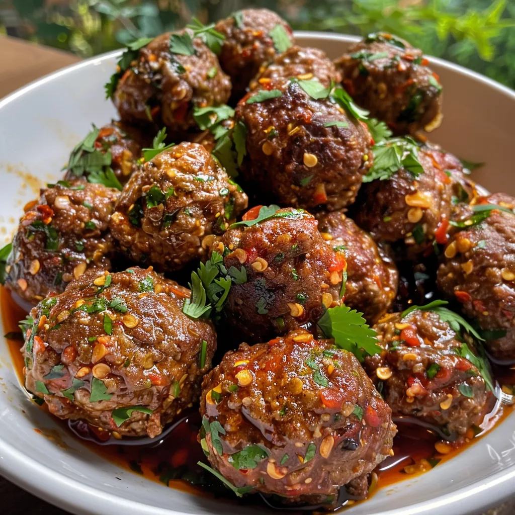 Juicy Middle Eastern meatballs served in a vibrant red tomato sauce with herbs.