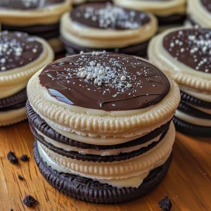 A side profile of delicious Midnight Cookies showcasing white fudge with intricate icing designs.