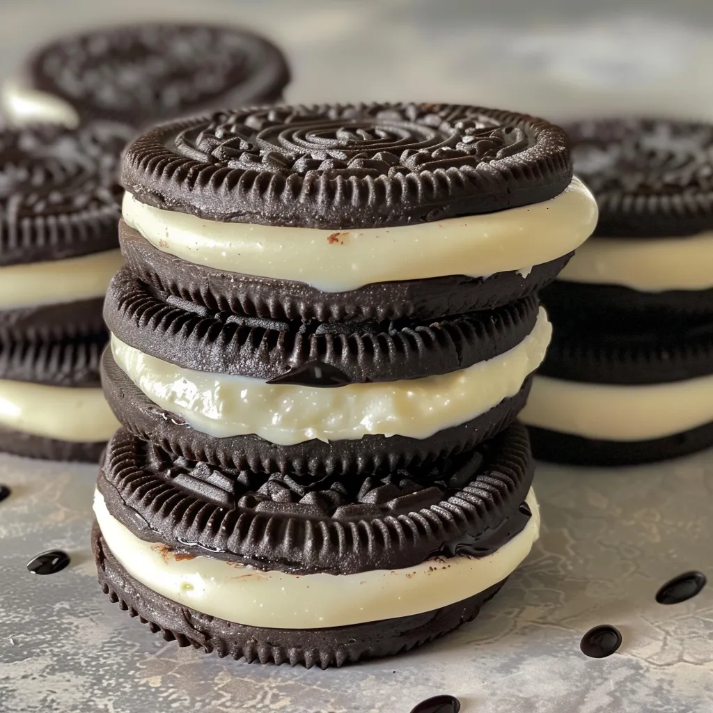 Close-up image of cookies made from White Fudge Oreos, displaying a shiny black icing finish.
