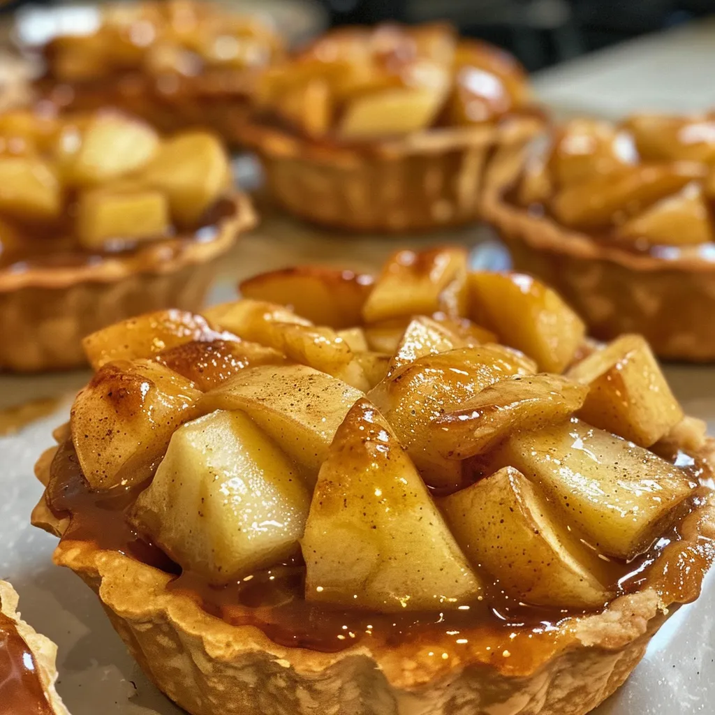 Detailed perspective of a mini apple pie, revealing the cinnamon-spiced apple interior.