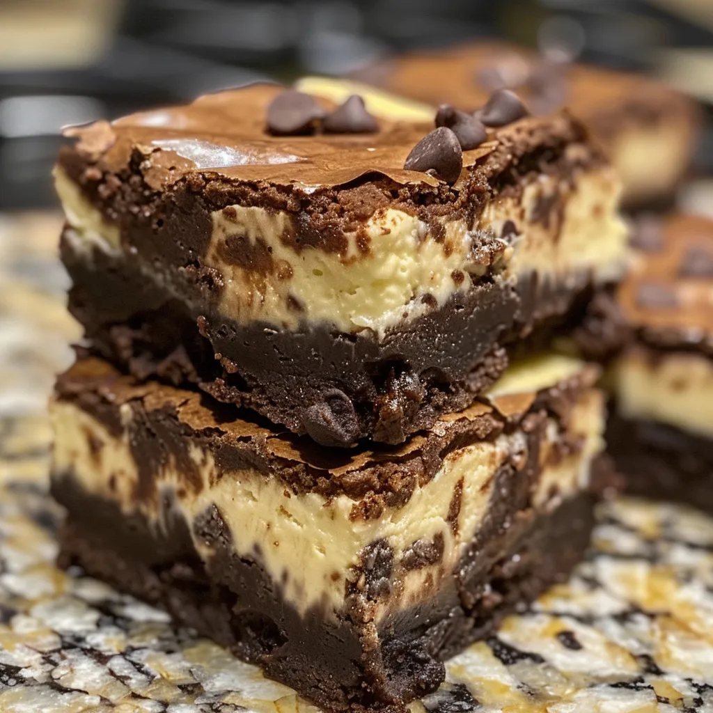 A rich brownie base supporting a creamy cheesecake layer with chocolate chips scattered on top.