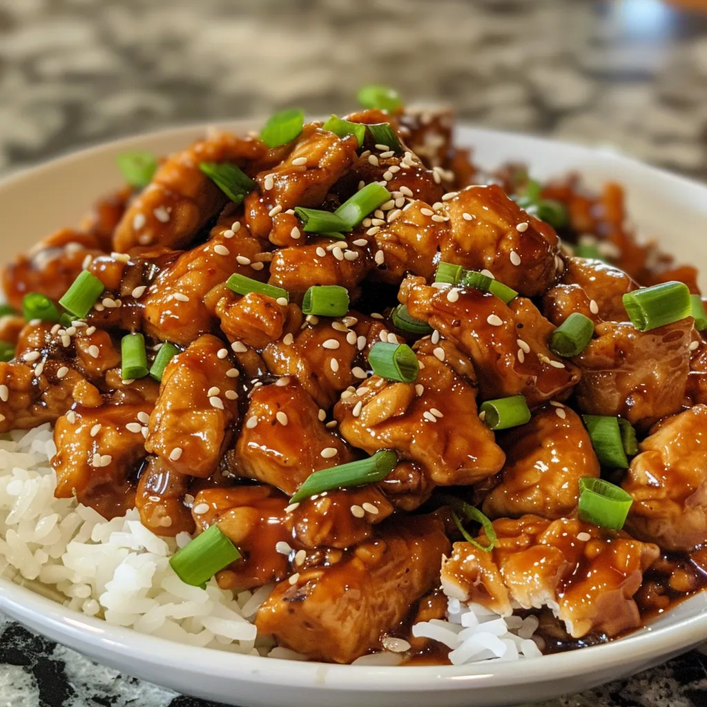 Detailed shot of Mongolian chicken garnished with sliced green onions and sesame seeds.