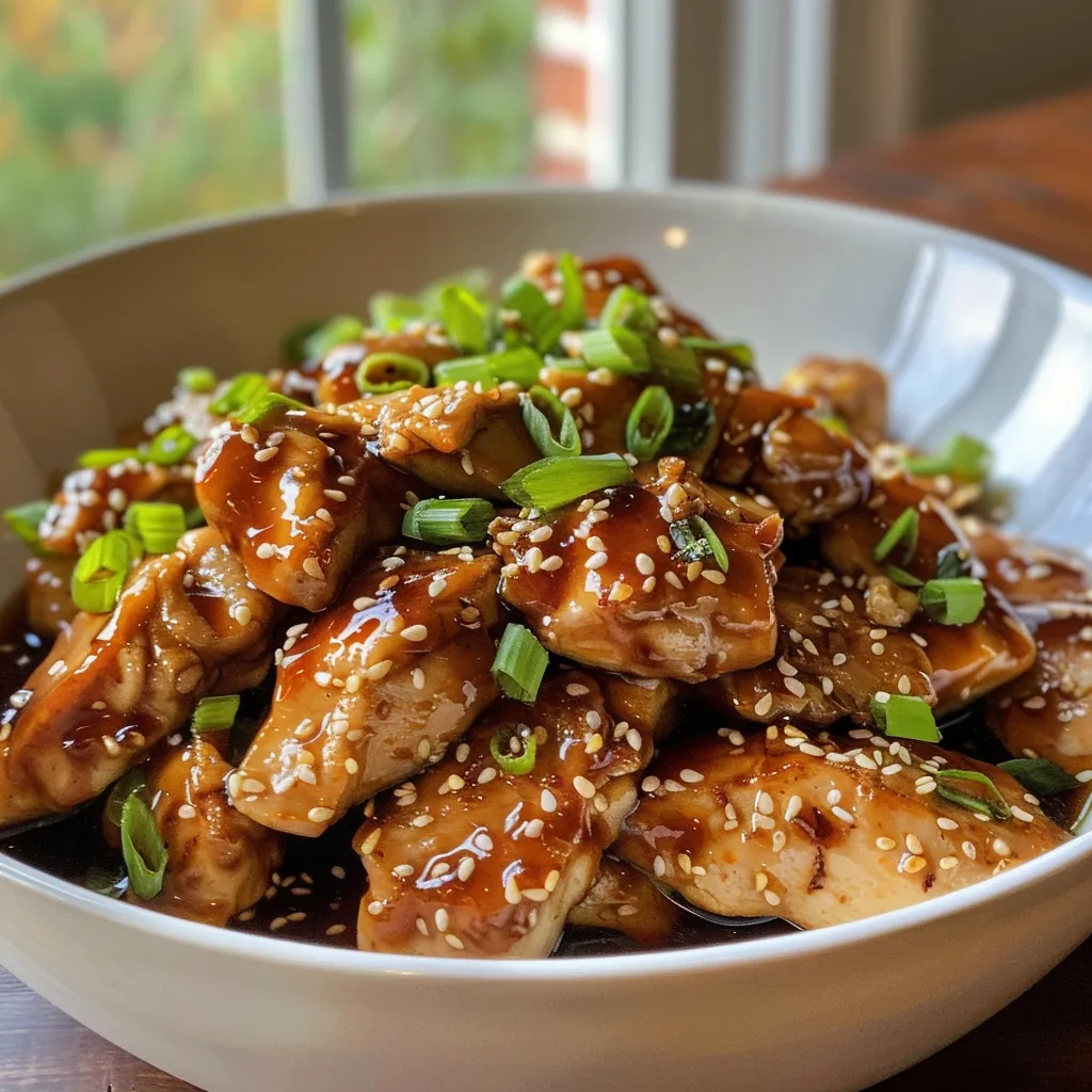 Close-up of flavorful Mongolian chicken dish showcasing its rich sauce and ingredients.