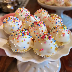 Juicy New Year's Eve Cake Drop Balls with a smooth white candy melt coating and vibrant sprinkles.