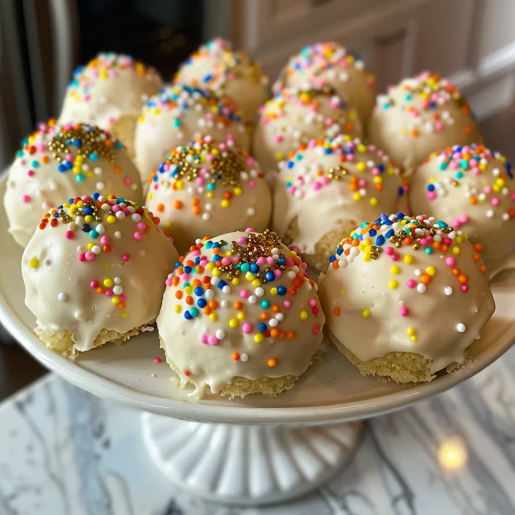 A close-up look at New Year's Eve Cake Drop Balls, showcasing their creamy frosting interior and glittering exterior.