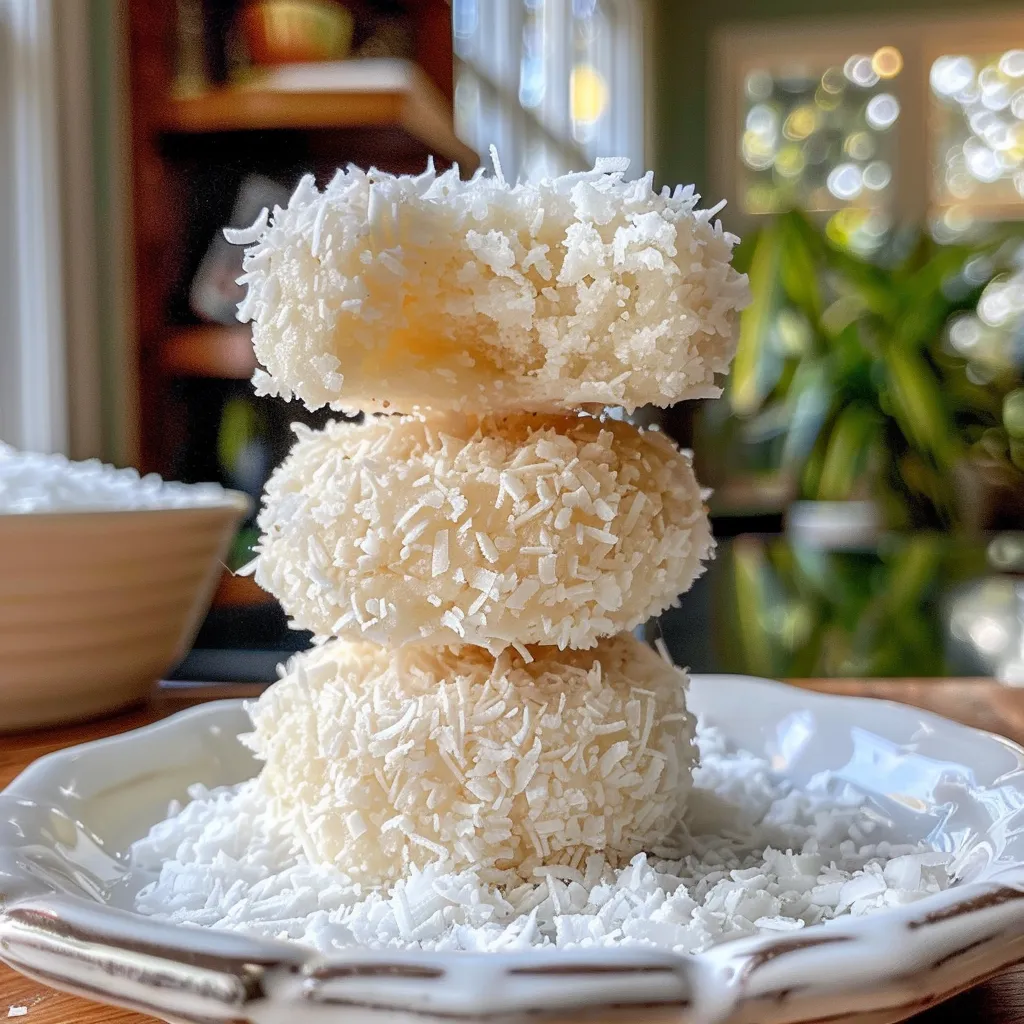 Close-up of coconut snowballs featuring shredded coconut and a glossy finish from sweetened condensed milk.