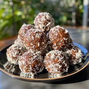 A delicious arrangement of No-Bake Coconut Energy Balls, featuring a sprinkle of shredded coconut and cocoa powder.
