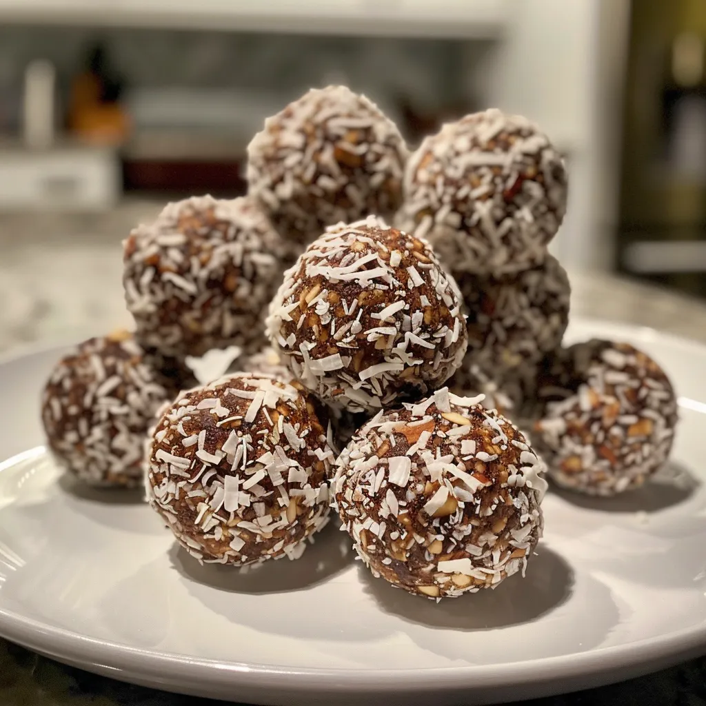 An up-close look at No-Bake Coconut Energy Balls, revealing the glistening coconut and rich chocolate color.