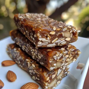 Juicy No-Bake Date Energy Bar displayed on a textured background, highlighting its ingredients.