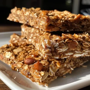 Side view of a stack of no-bake granola bars with a glossy finish, highlighting oats and seeds.