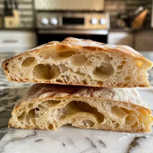 Detailed image of No Knead Bread highlighting the crispy crust and soft interior.