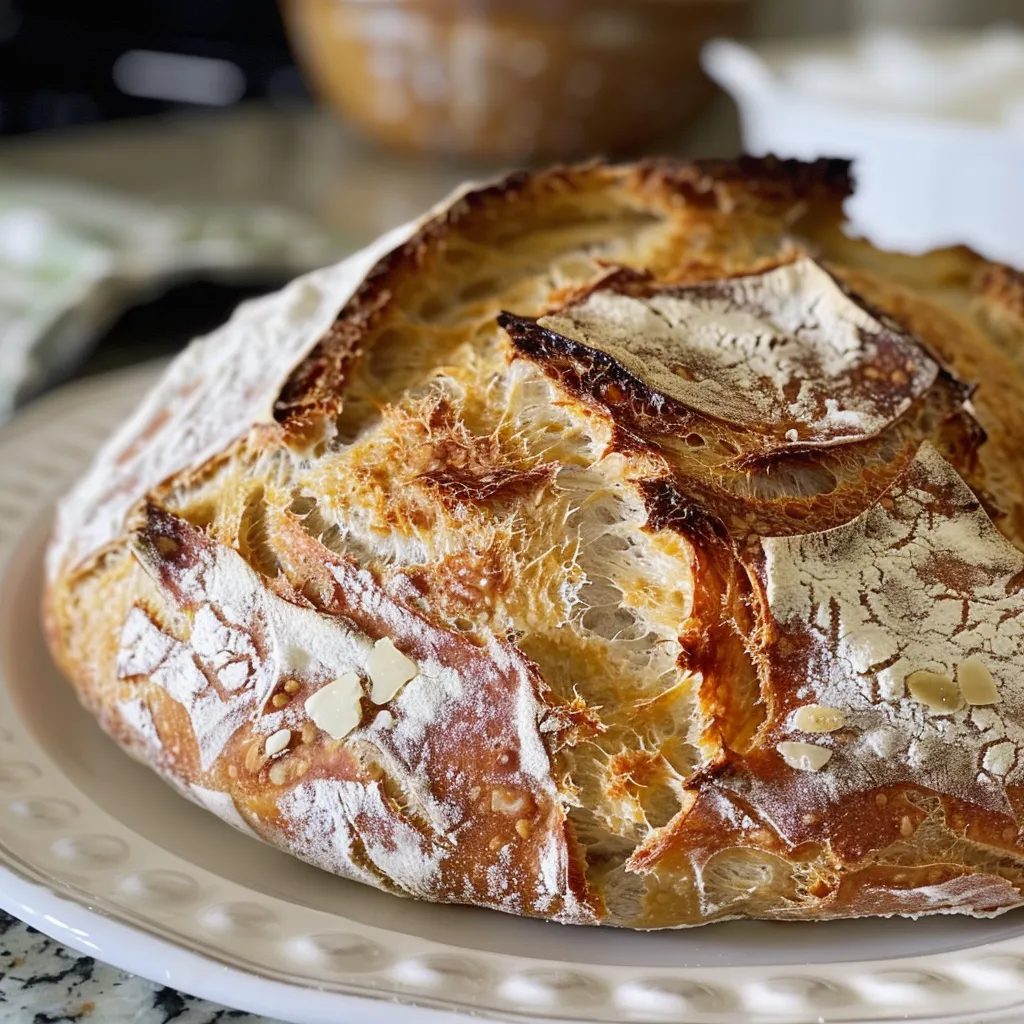 Slice of No Knead Bread revealing its moist crumb and rustic appearance.