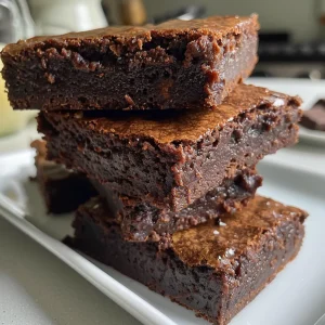Side view showcasing a stack of gooey One Bowl Brownies with chocolate chunks.