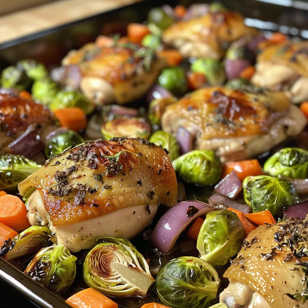 One pan dinner featuring chicken, carrots, Brussels sprouts, and red onion.