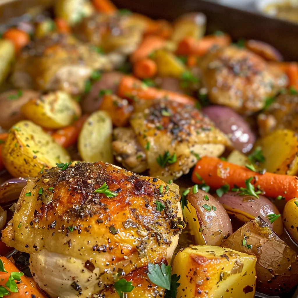 Detailed image of golden-brown chicken thighs surrounded by colorful carrots and potatoes.