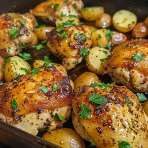 One-pan chicken dinner featuring seasoned chicken breasts and halved baby potatoes.