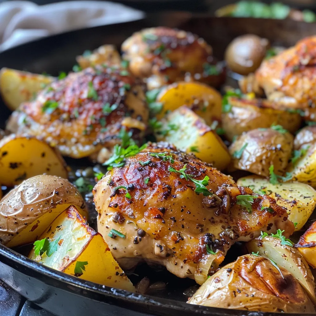 Plated garlic parmesan chicken alongside crispy potatoes garnished with fresh parsley.