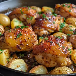 A vibrant close-up image of One-Pan Cowboy Garlic Chicken surrounded by perfectly cooked baby potatoes and herbs.