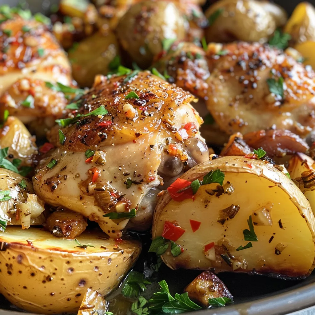 Juicy chicken thighs and halved baby potatoes in a flavorful garlic sauce, presented in a one-pan dish.