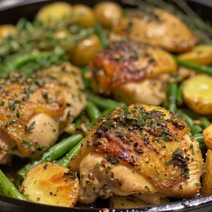 A flavorful dish featuring garlic herb chicken, roasted baby potatoes, and fresh green beans.