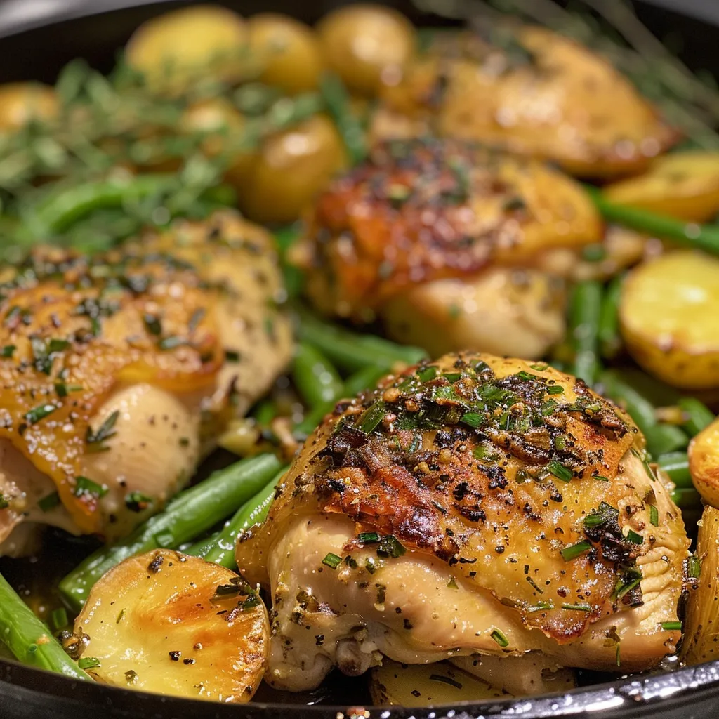 A flavorful dish featuring garlic herb chicken, roasted baby potatoes, and fresh green beans.