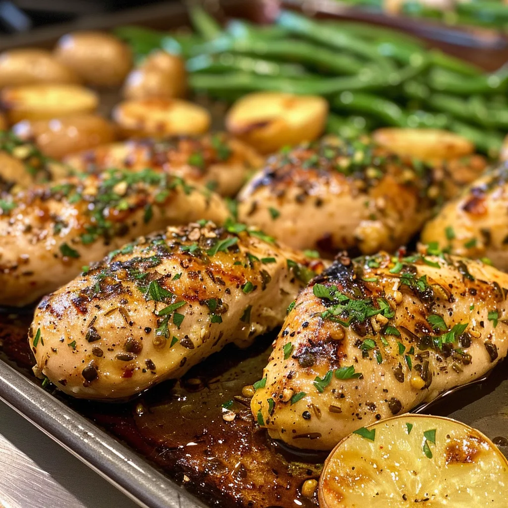Side view of succulent chicken with crispy potatoes and steamed green beans on a plate.