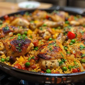 Side view of a delicious One Pan Spanish Chicken and Rice with herbs and spices visible.