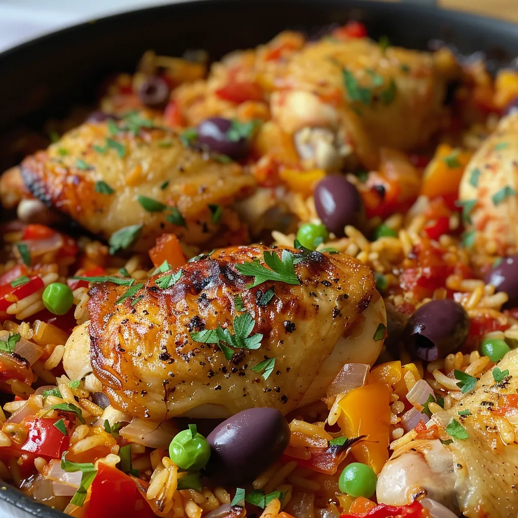 A warm serving of One Pan Spanish Chicken and Rice highlighting the chicken, rice, and fresh parsley.