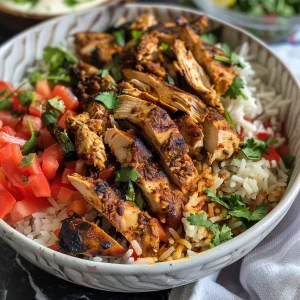 Juicy chicken pieces over fluffy basmati rice, garnished with herbs and spices.