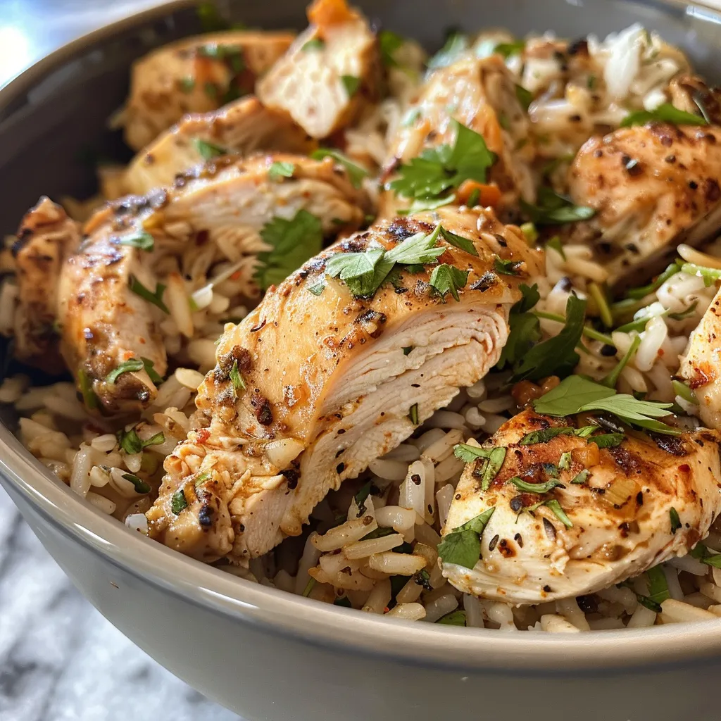 A delicious rice bowl featuring grilled chicken, rice, and aromatic seasonings.