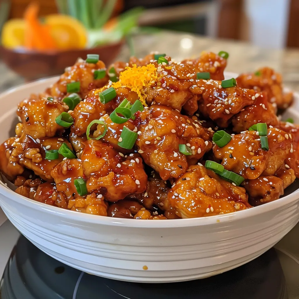 Succulent orange chicken with a glossy orange glaze.
