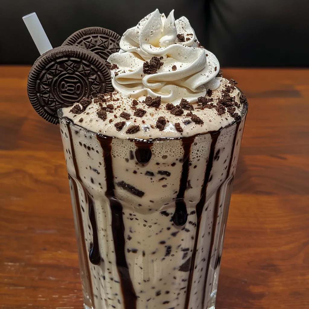 A refreshing Oreo milkshake in a glass, adorned with whipped cream and an Oreo cookie on top.