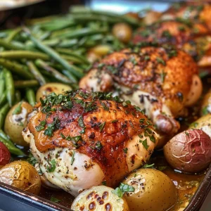 A delicious meal featuring tender chicken thighs, crispy baby potatoes, and fresh green beans.