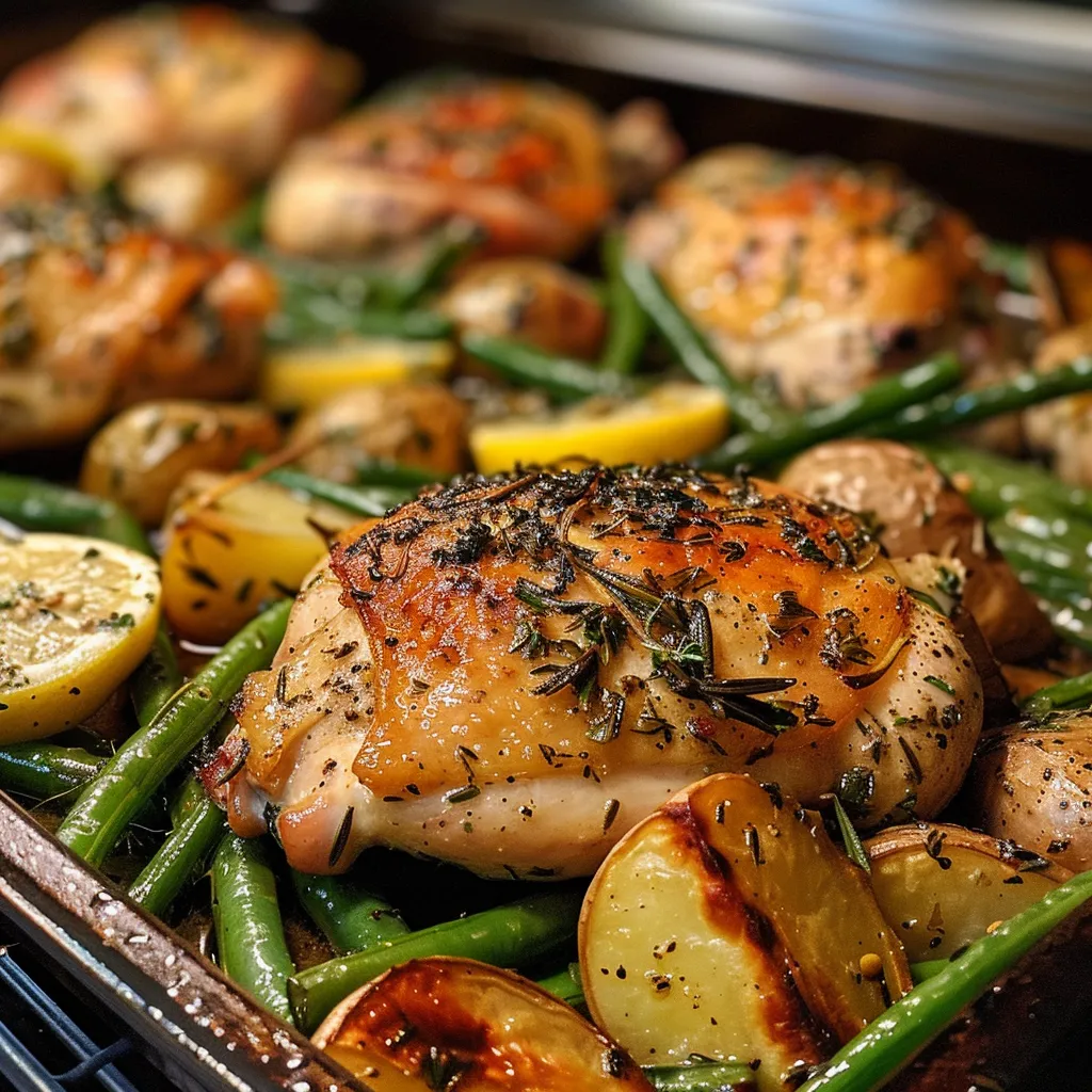 A side view of a colorful plate filled with roasted chicken, potatoes, and green beans.