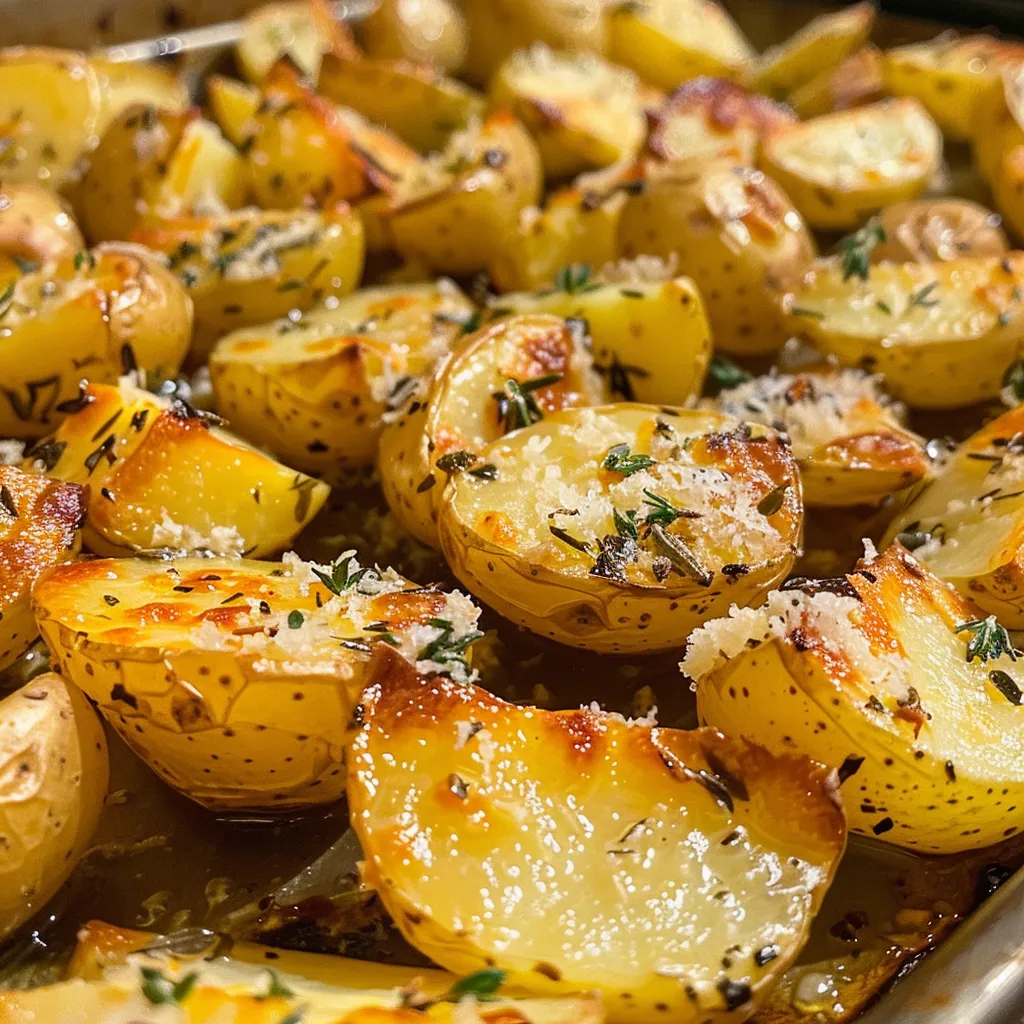Juicy Parmesan roast potatoes on a plate, displaying their appealing texture and color.
