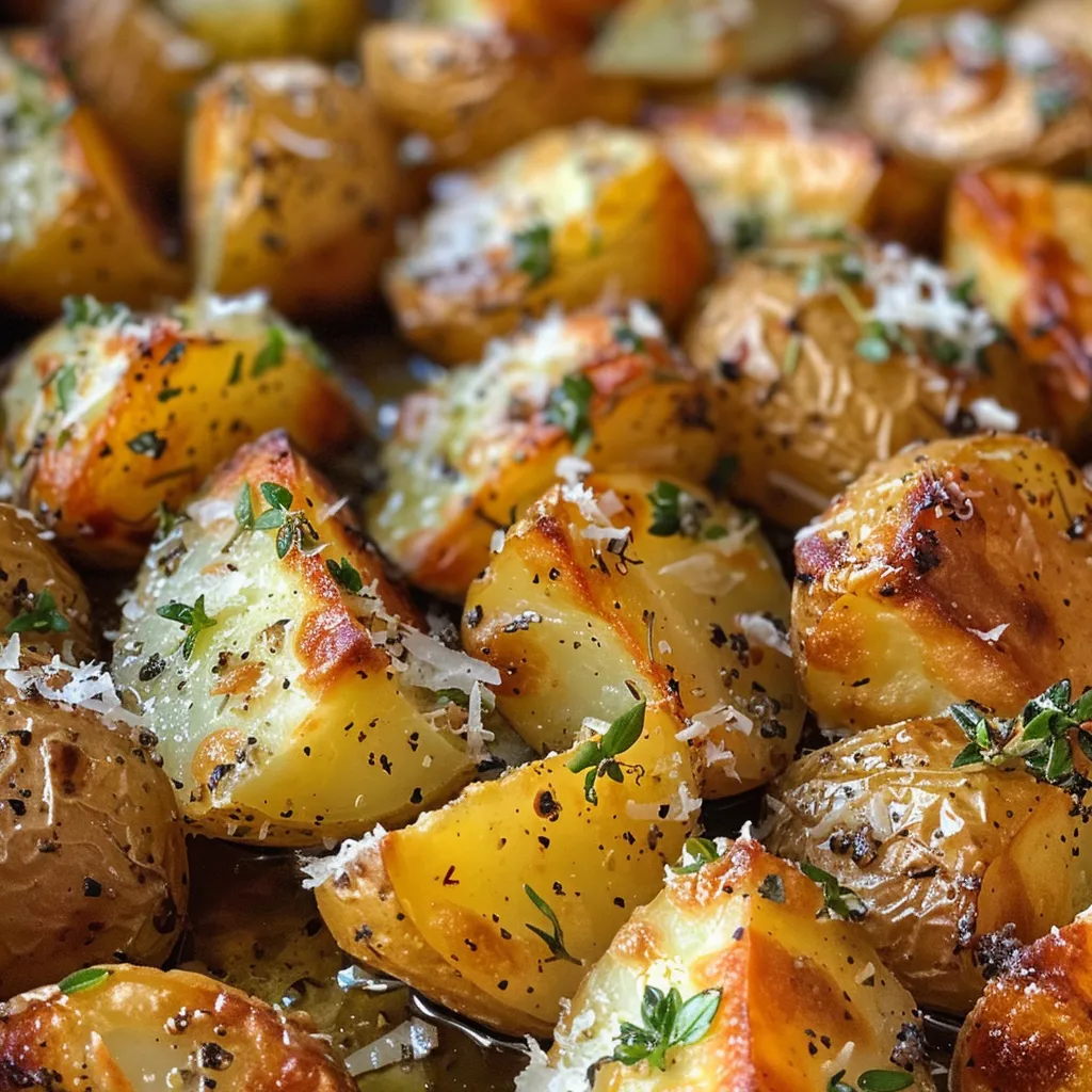 Deliciously roasted potatoes seasoned with herbs and Parmesan, shown from the side.